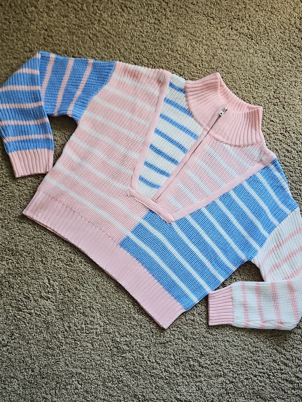 Colorblock Striped Half Zip Crop Sweater Pink Blue Knit Lookalike Staud Style